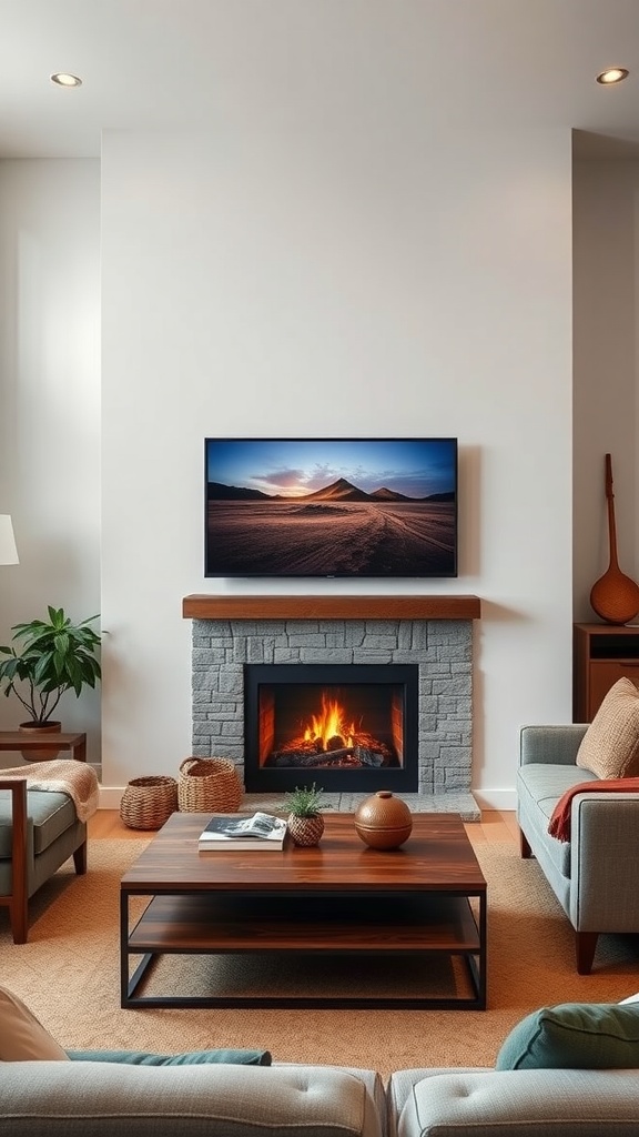 Living room featuring a TV mounted above a stone fireplace, with cozy seating and a warm atmosphere.