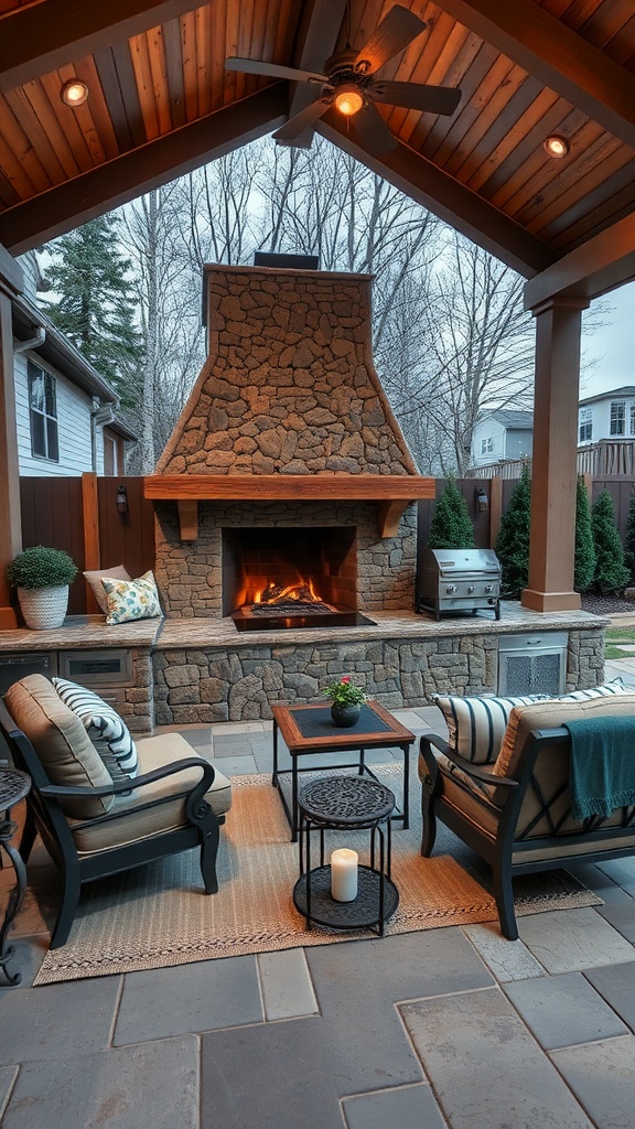 Cozy outdoor fireplace with seating area and stone structure