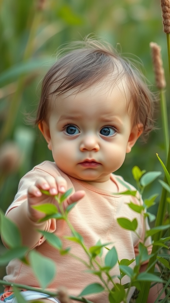 A baby exploring greenery in nature during a photoshoot.