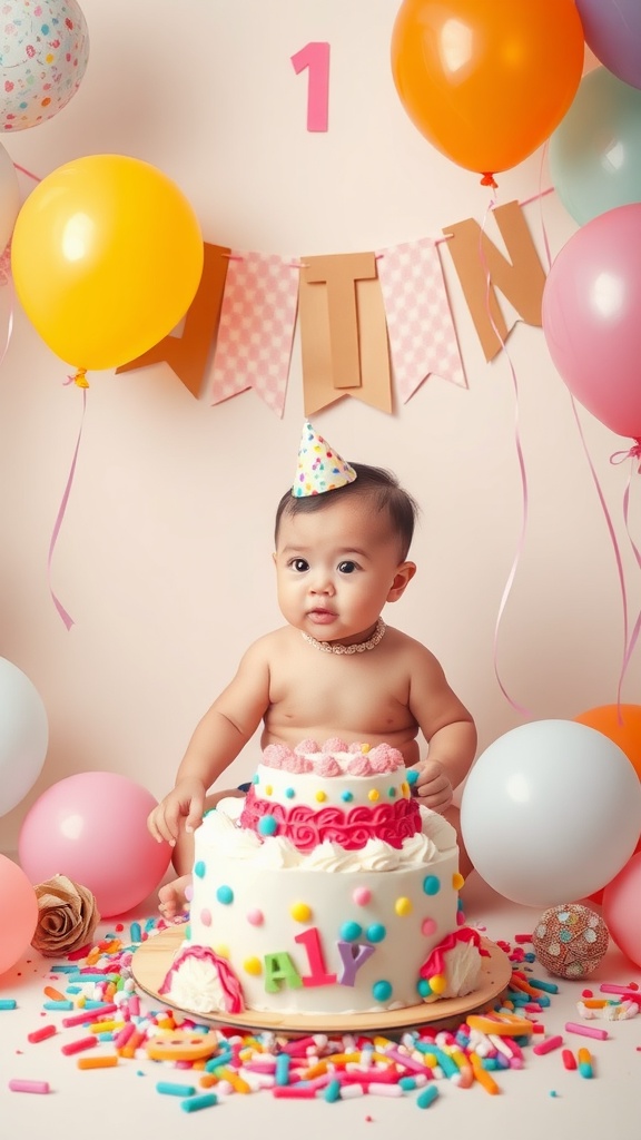 A baby celebrating their first birthday with a colorful cake and balloons.