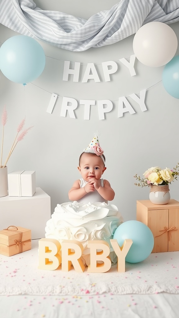 A baby boy celebrating his first birthday with a festive setup, including balloons and a cake-themed outfit.