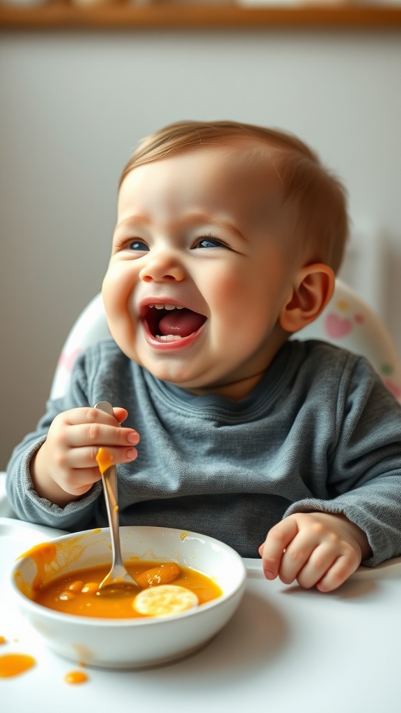A cheerful baby with bright blue eyes laughing while eating orange puree from a bowl.