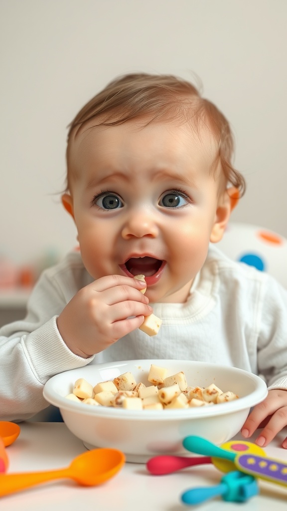 A baby enjoying their first taste of food with a bowl of small pieces of fruit.