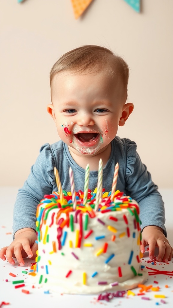 A cheerful baby with frosting on their face, sitting in front of a colorful cake with sprinkles, celebrating their first taste of cake.