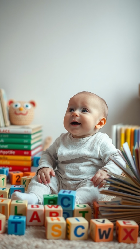 A baby sitting on a soft surface surrounded by colorful alphabet blocks and books, showing a cheerful expression.