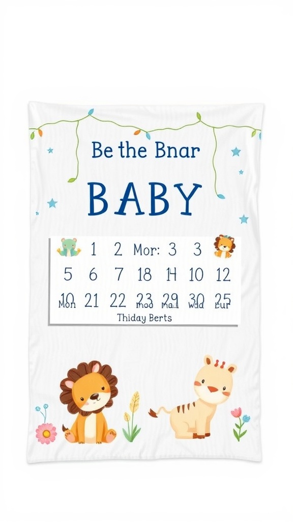 A milestone blanket featuring cute animal illustrations and a calendar layout for documenting a baby's first year.