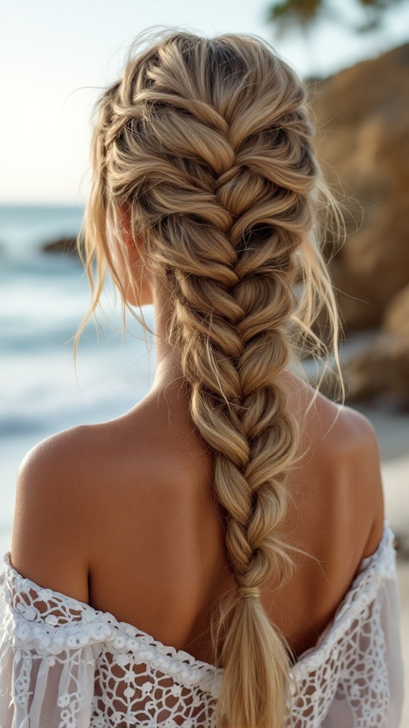 A woman with a fishtail braid at the beach, showcasing long hair with a beautiful ocean backdrop.