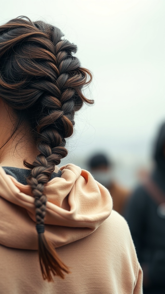 A close-up of a fishtail braid on a woman wearing a hoodie.