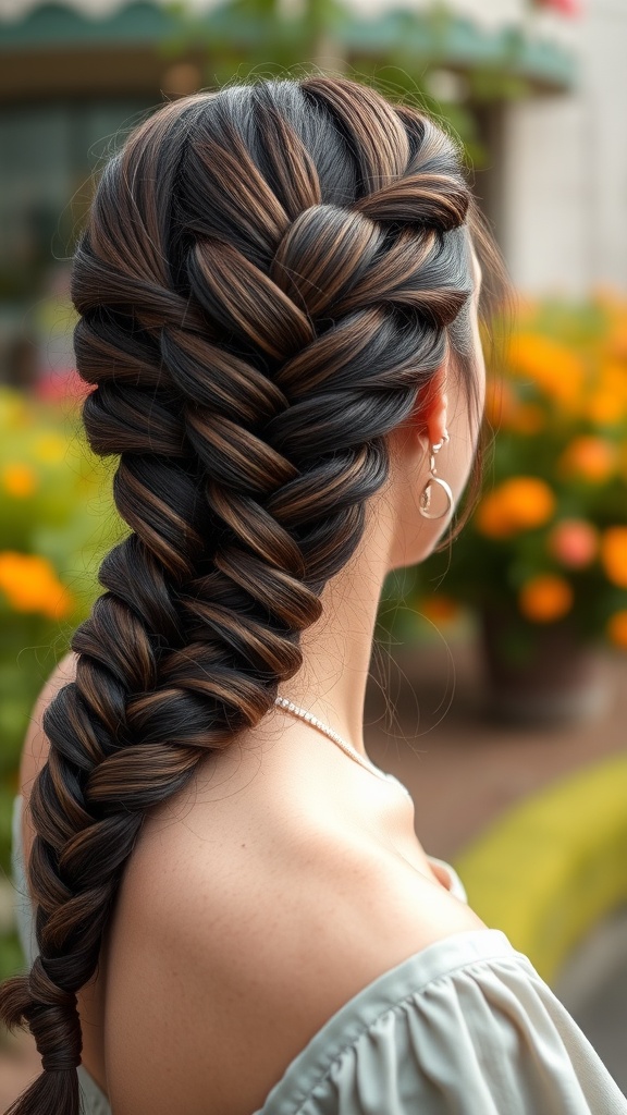 A close-up of a fishtail braid hairstyle, showcasing intricate weaving and a blend of hair colors.