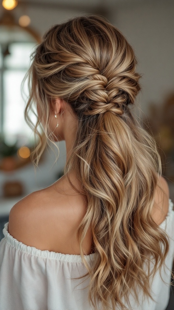 A woman with a fishtail braid and loose curls, showcasing a cute half up half down hairstyle.