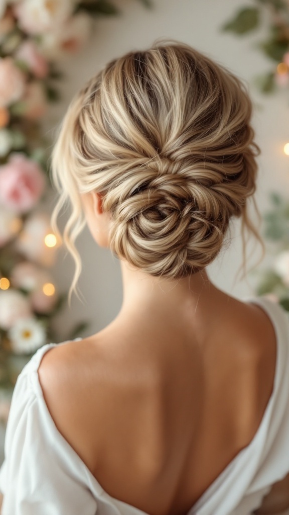 A back view of a woman with a fishtail braid bun, featuring romantic details, surrounded by floral decor.