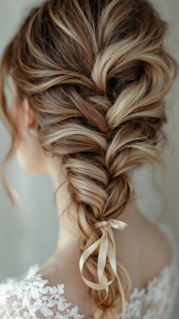 A fishtail braid hairstyle with soft waves and a ribbon.