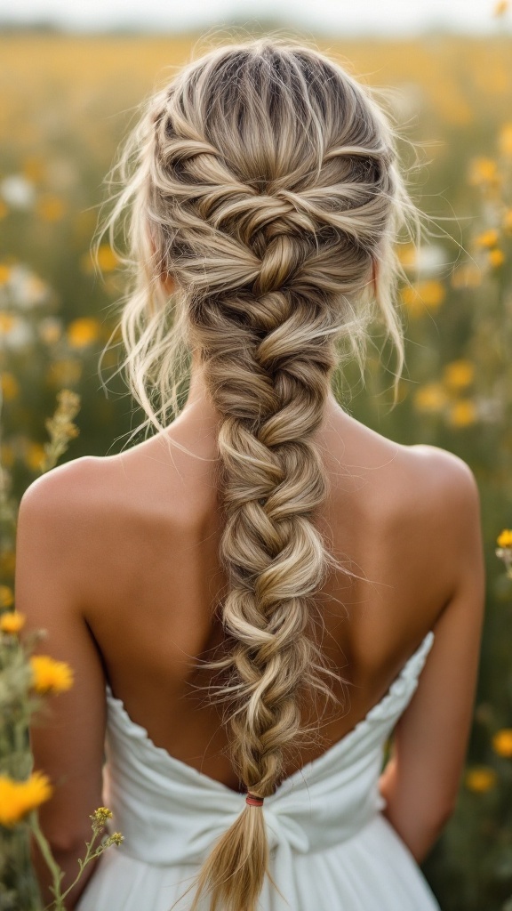 A fishtail braid cascading down a bridesmaid's back in a flower field.
