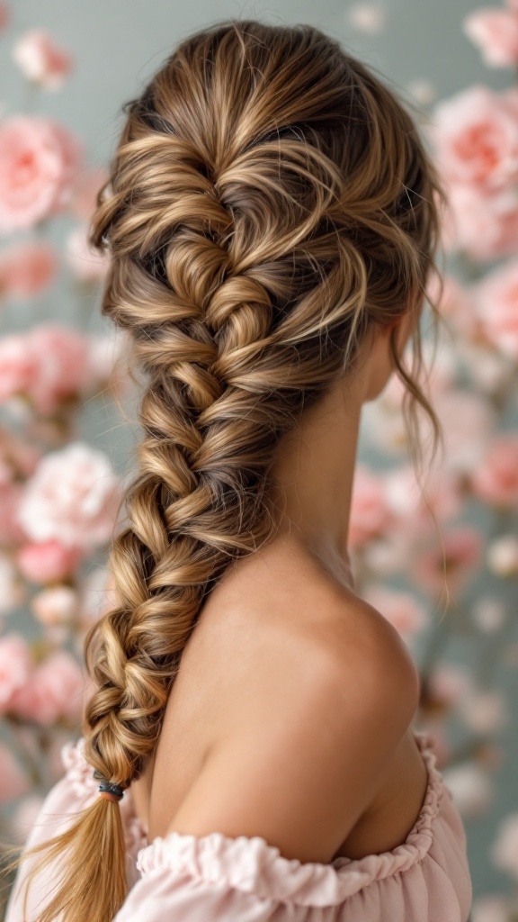 A woman with a fishtail braid hairstyle, surrounded by pink flowers