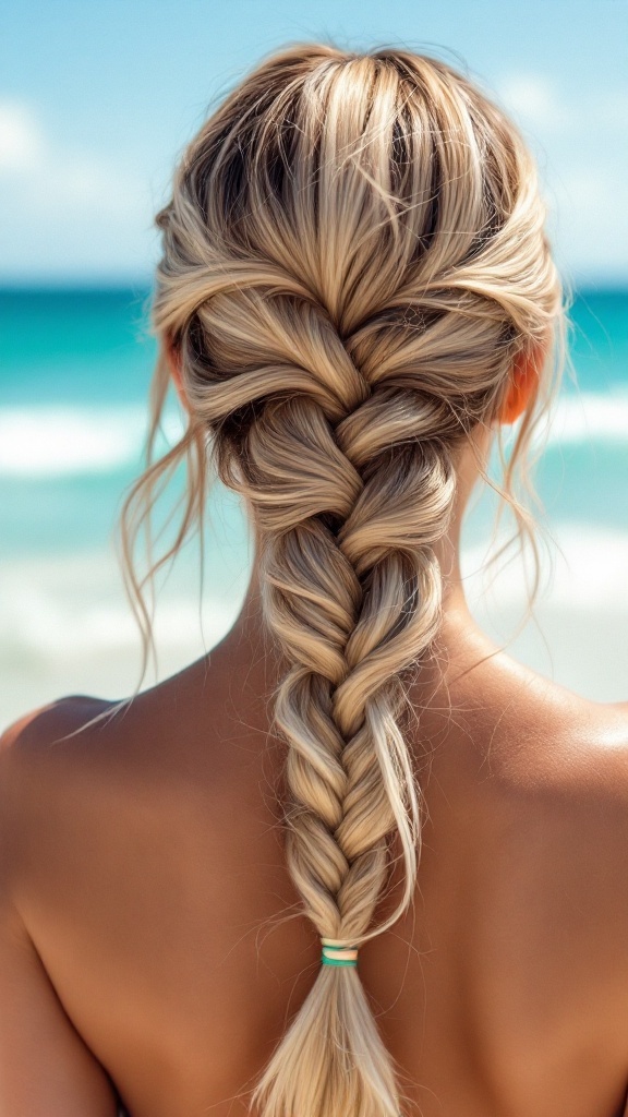 A close-up of a fishtail braid hairstyle on long hair, with a beach background