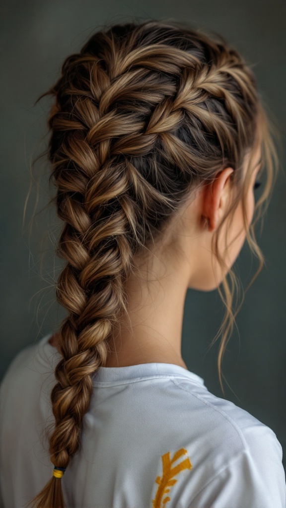 A close-up view of a fishtail braid hairstyle on a person with brown hair.