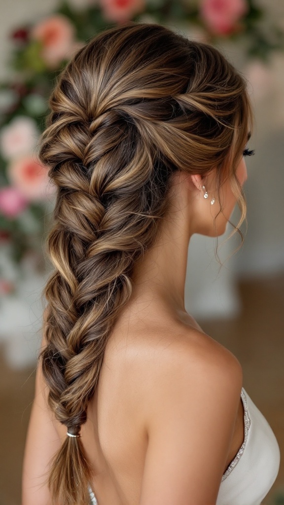 A fishtail braid hairstyle on a woman wearing a one shoulder dress