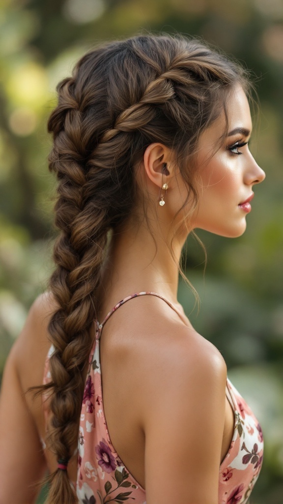 A woman with a fishtail braid hairstyle, wearing a floral halter neck dress.