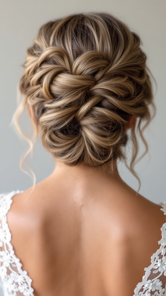 A fishtail braid styled on short hair, creating an elegant updo for a bride or bridesmaid.