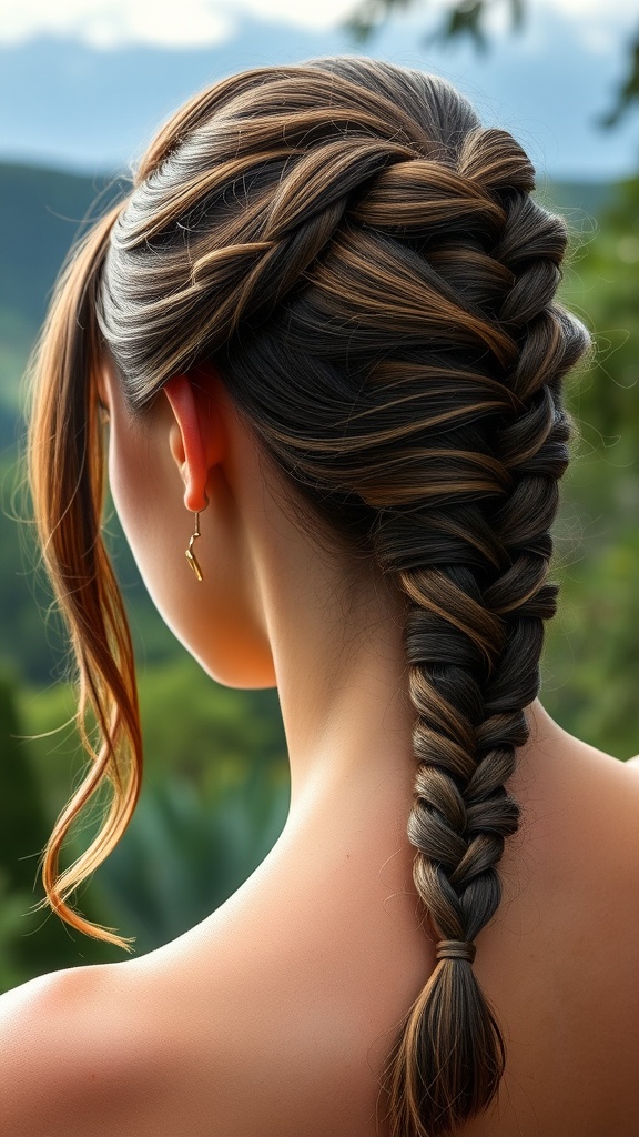 A fishtail braid ponytail hairstyle with beautiful highlights.
