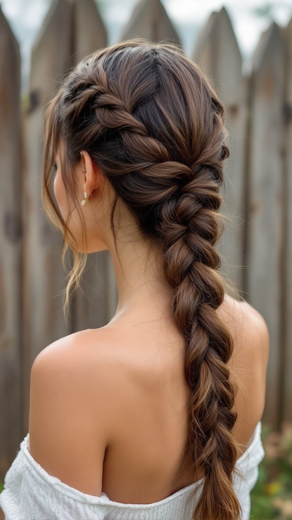 A back view of a woman with a fishtail braid ponytail, showcasing the intricacy of the braid.