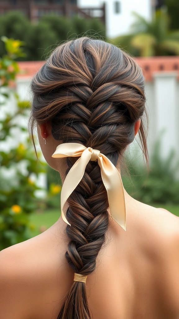 A woman with a beautiful fishtail braid ponytail, adorned with a silk ribbon.