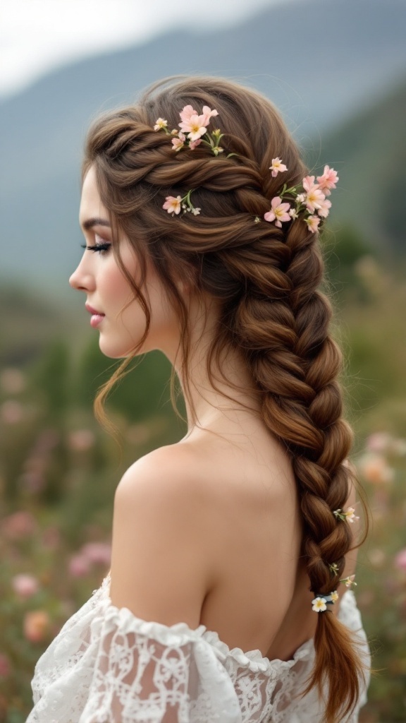 A beautiful fishtail braid side ponytail adorned with small flowers, complemented by soft waves framing the face.