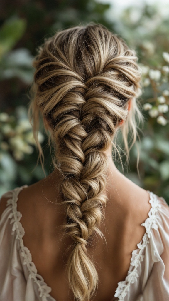 Fishtail braid updo hairstyle for medium hair