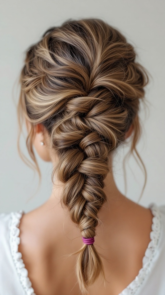 A fishtail braid updo hairstyle for long hair, elegantly styled with soft loose strands framing the face.