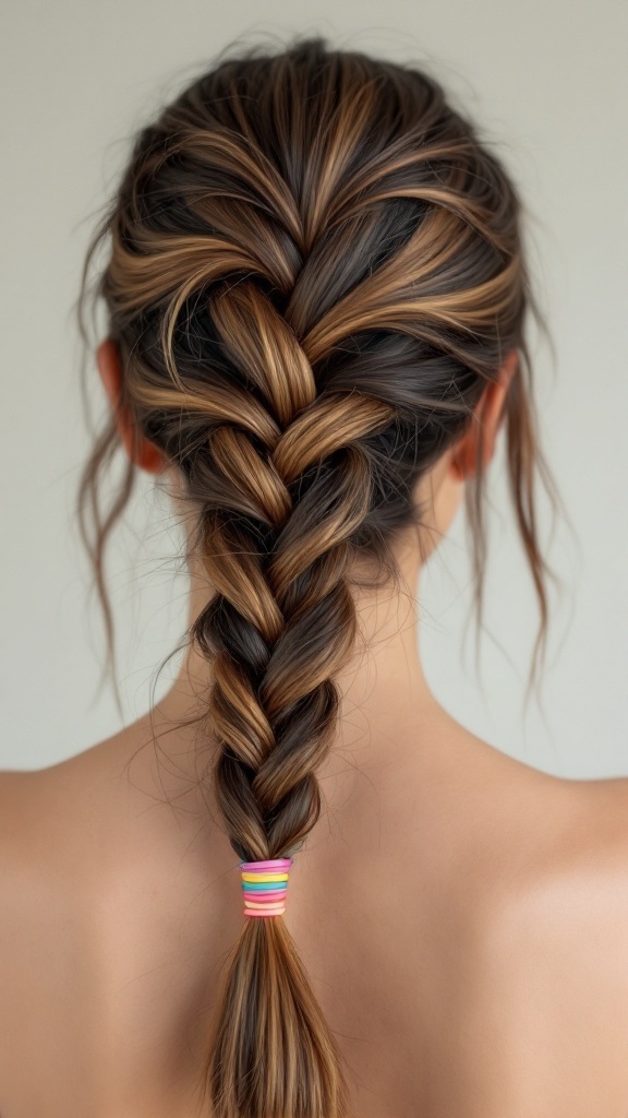 A neatly styled fishtail braid with colorful hair ties at the end.
