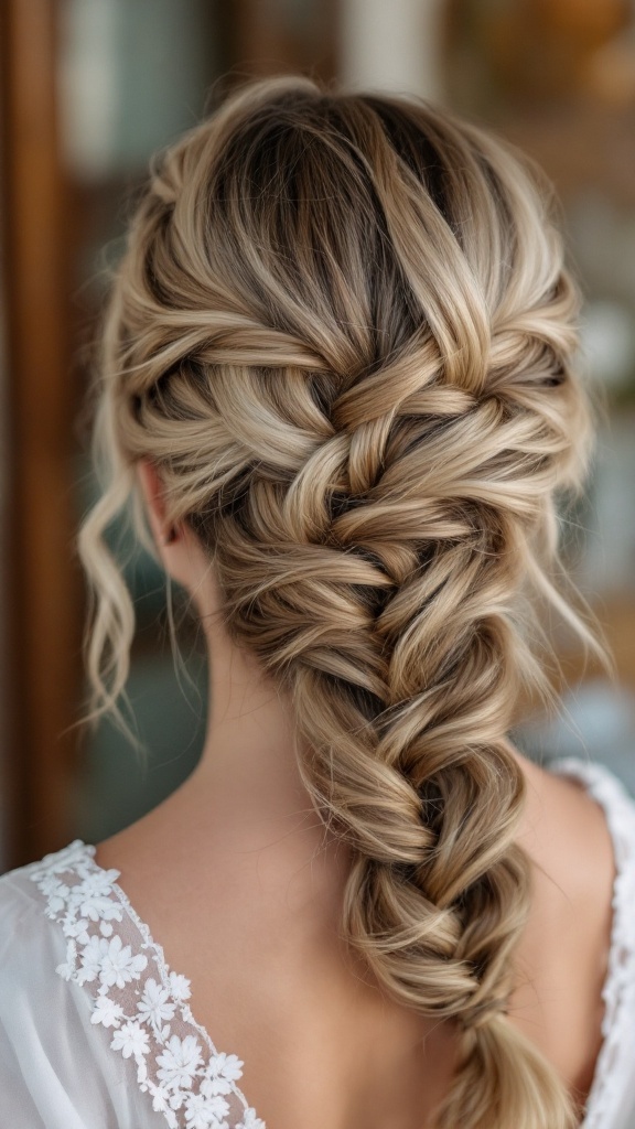 A close-up of a fishtail braid hairstyle worn by a bridesmaid, showcasing intricate weaving and blended blonde shades.