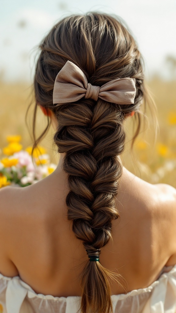 A fishtail braid secured with a light-colored bow on a girl in a field of flowers.