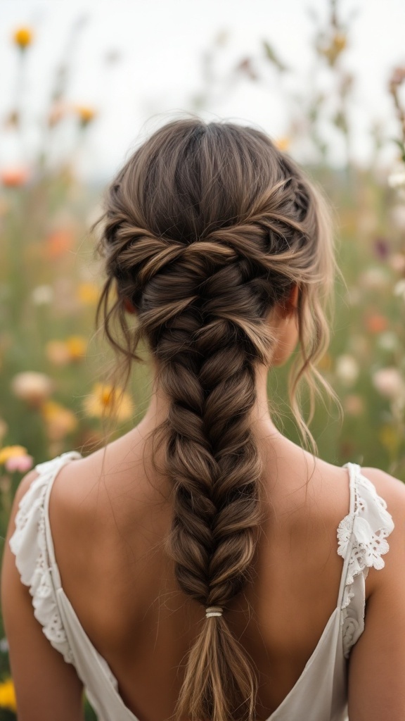 A hairstyle featuring a fishtail braid with bangs, creating a romantic and relaxed look.