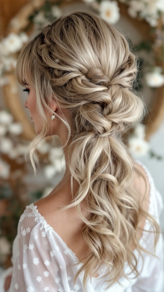A side view of a woman with a fishtail braid and bangs, showcasing a soft and elegant hairstyle.