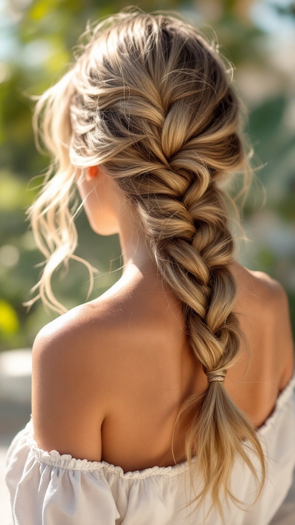 A fishtail braid with loose beachy waves, perfect for summer hairstyles.