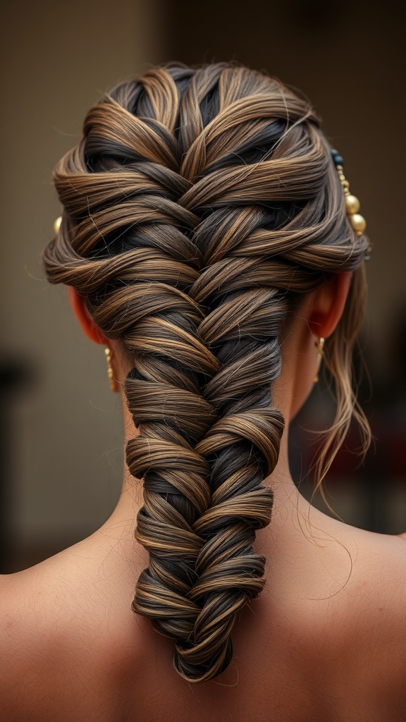 A fishtail braid adorned with a beaded headband, showcasing an elegant hairstyle.