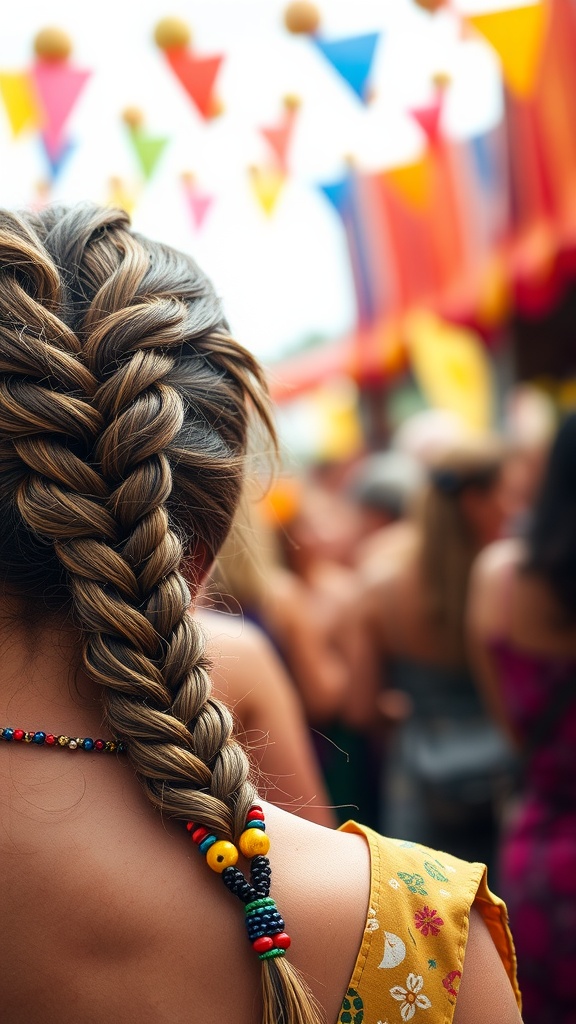 A woman's fishtail braid with colorful beads at a festival