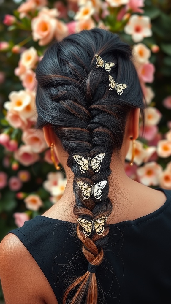 A fishtail braid adorned with butterfly clips, set against a backdrop of blooming flowers.