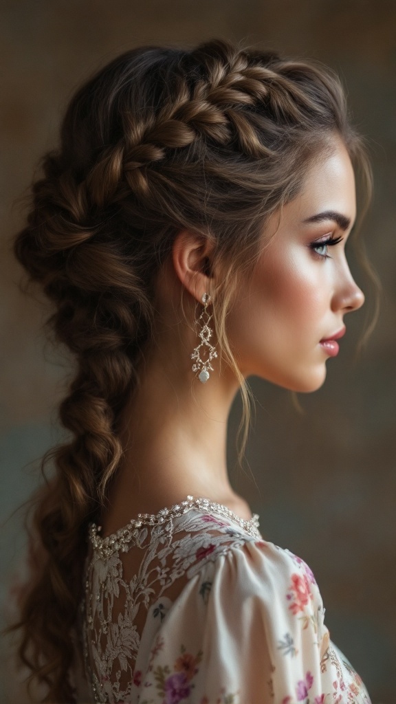 A profile view of a bride with a fishtail braid hairstyle accented by an elegant crown.