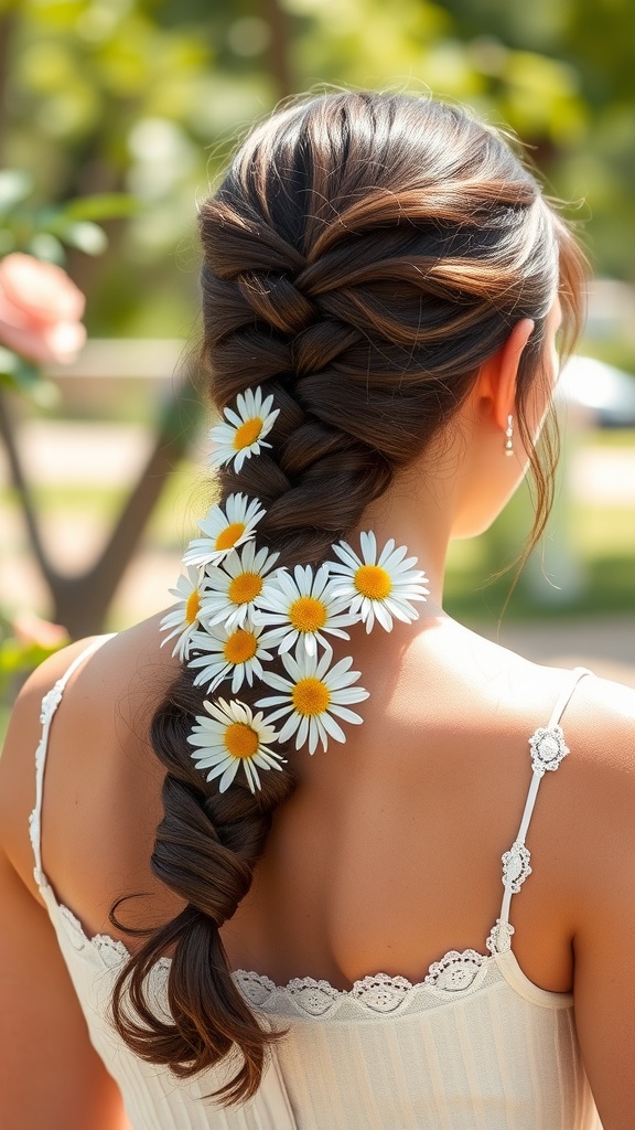 A fishtail braid adorned with daisies, showcasing a natural and elegant hairstyle.