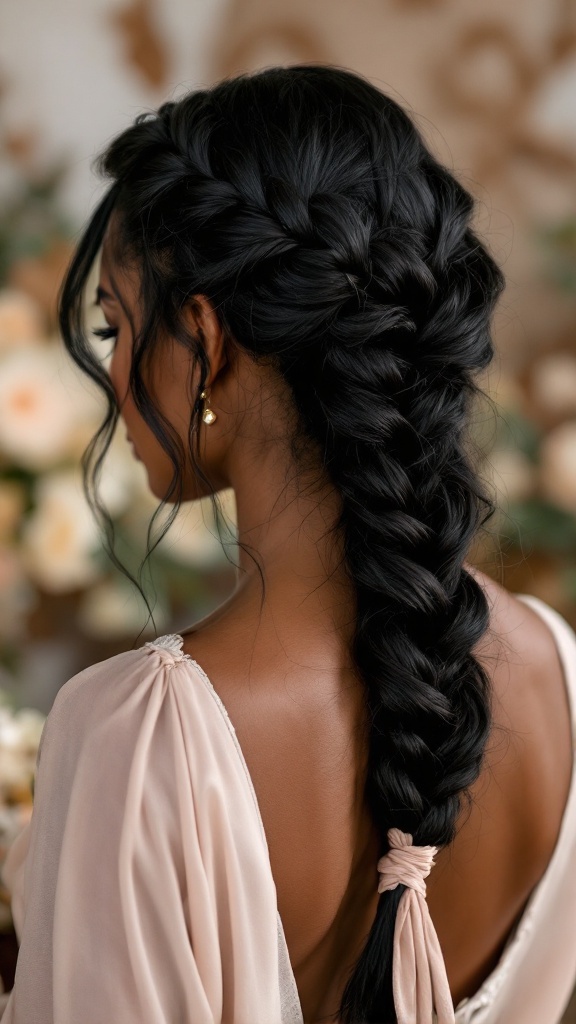 A black woman with a fishtail braid hairstyle, featuring draped fabric at the nape of her neck.
