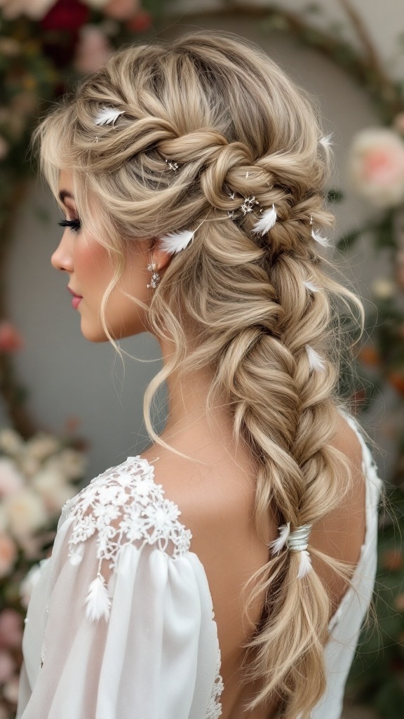 A side view of a woman with a fishtail braid adorned with feathers, wearing a delicate dress.