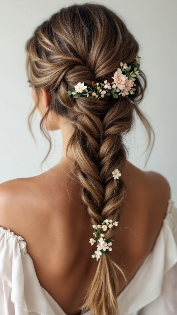Fishtail braid hairstyle adorned with small floral accents