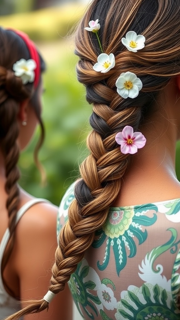 Fishtail braid hairstyle decorated with small flowers, showing an intricate pattern and vibrant hair colors.