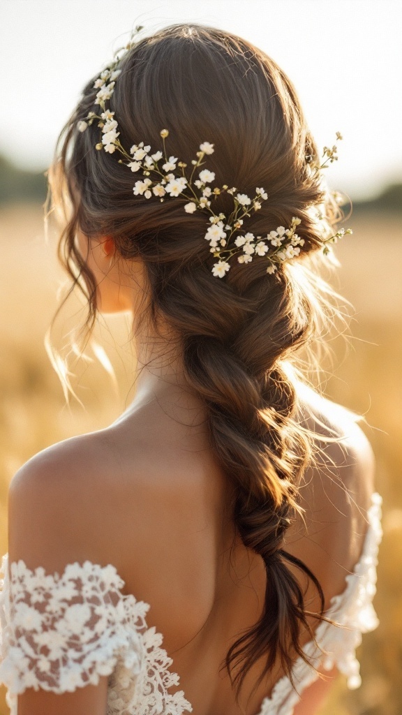 Brunette woman with a fishtail braid adorned with small white flowers, viewed from the back.