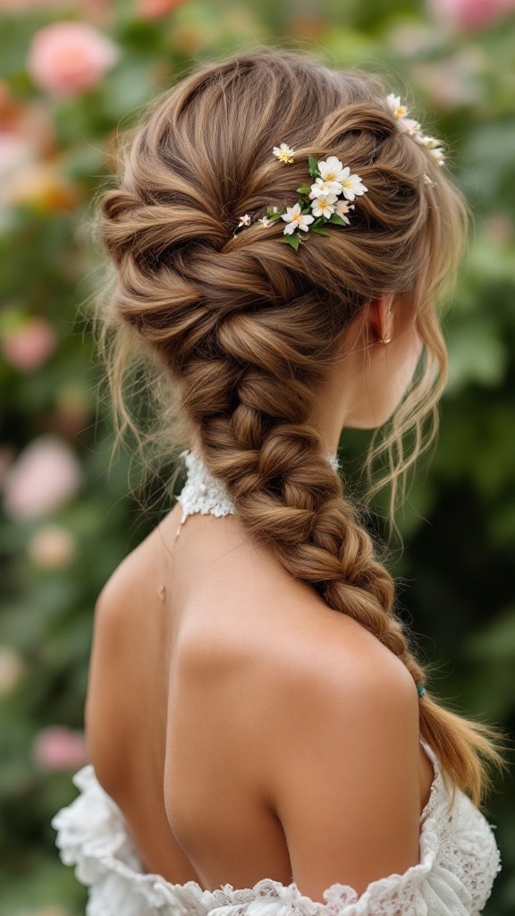 A fishtail braid adorned with small white flowers, styled on long hair, complementing a high neck dress.