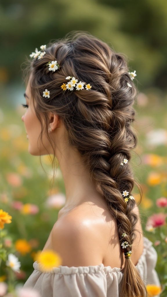 A woman with a fishtail braid adorned with small daisies, standing in a flower field.