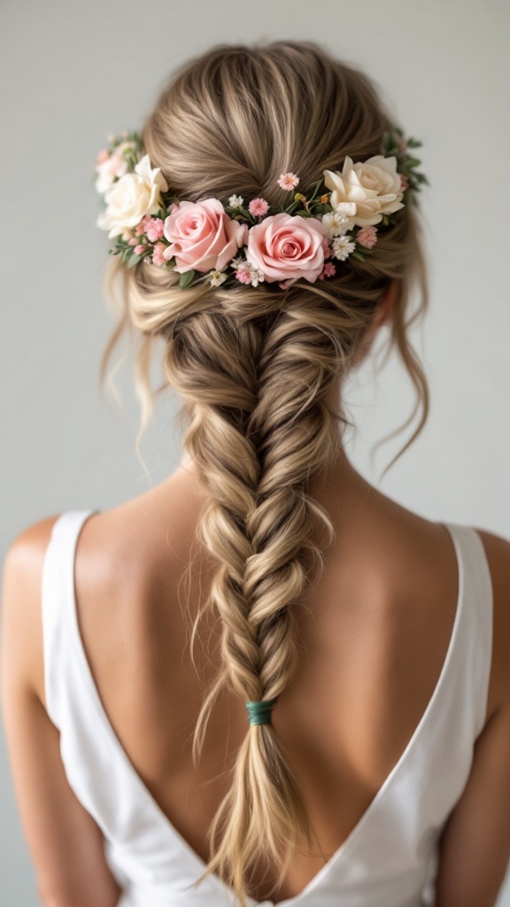 A shoulder-length hairstyle featuring a fishtail braid adorned with a flower crown.