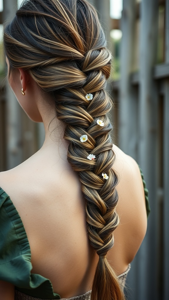 A close-up of a fishtail braid adorned with small white flowers, showing a beautifully styled hairdo.