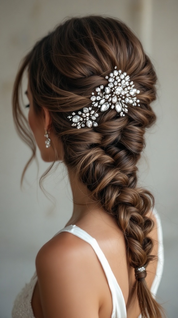 A woman with long hair styled in a fishtail braid adorned with jewels.